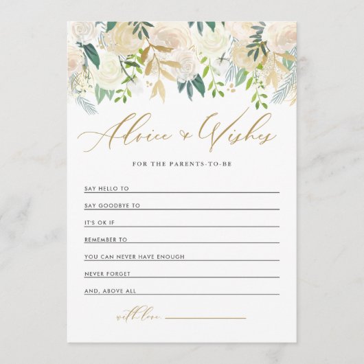 アイボリー水彩牡丹金ゴールドグリッターベビーシャワー アドバイスカード (正面)