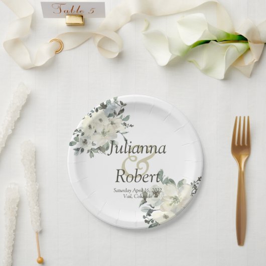 アイボリー水色フローラ結婚紙プレート ペーパープレート (ウェディング)