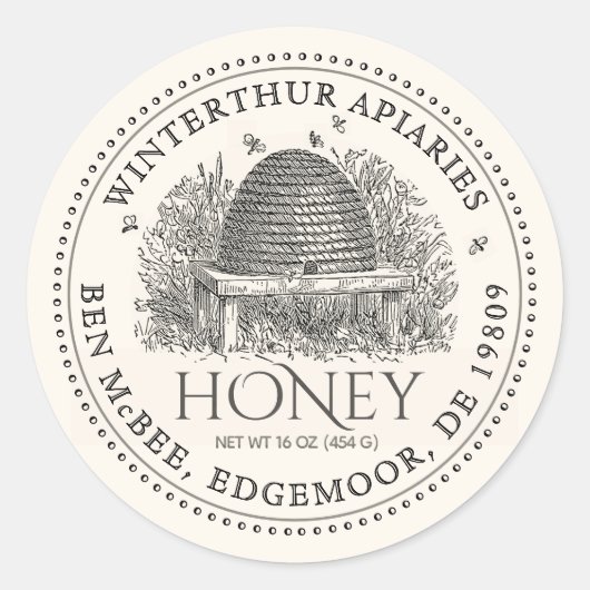 アイボリー淡い色のハニー瓶ラベル(ヴィンテージスケッチ) ラウンドシール (正面)