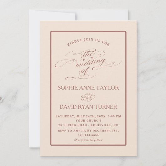 アイボリー濃ユニーク桃形書結婚道 招待状 (正面)