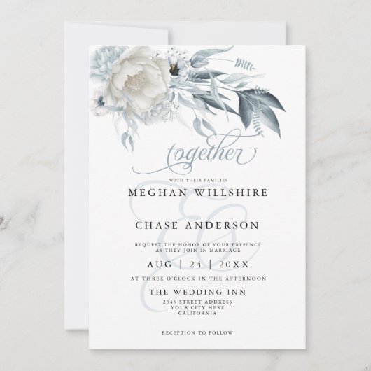 アイボリー牡丹とダスティブルーアネモンフローラ 招待状 (正面)