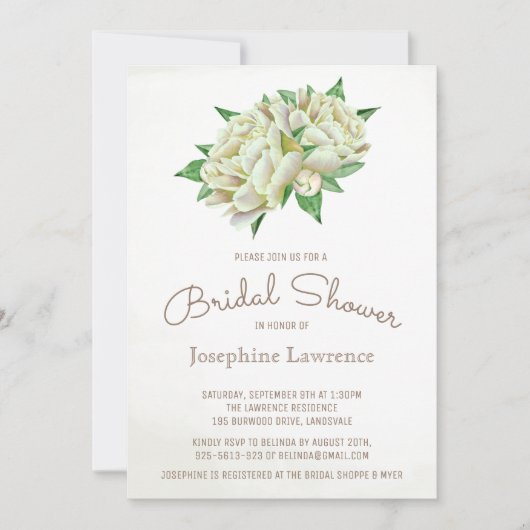 アイボリー牡丹水彩フローラブライダルシャワー 招待状 (正面)