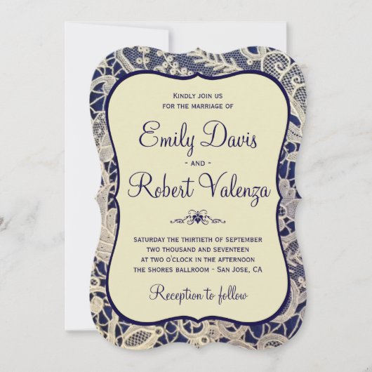 アイボリー王室のレースネイビモダンーブフォーマルロ結婚ーズ 招待状 (正面)