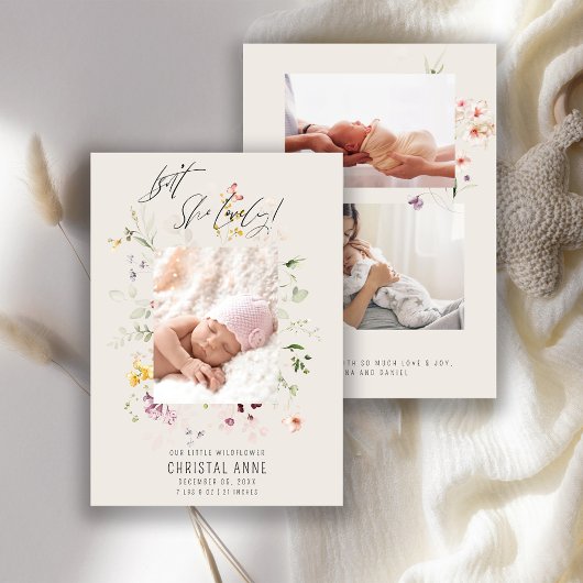 アイボリー生まれたばかりのワイルドフラワーフォトコラージュガール誕生 案内状