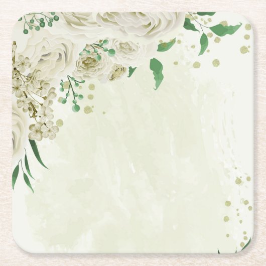 アイボリー白い花の結婚緑 スクエアペーパーコースター (正面)