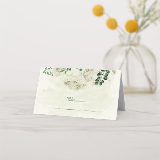 アイボリー白い花の結婚緑 プレイスカード (正面)