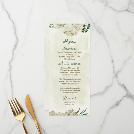 アイボリー白い花の結婚緑 メニュー (正面/裏面インサイチュ)