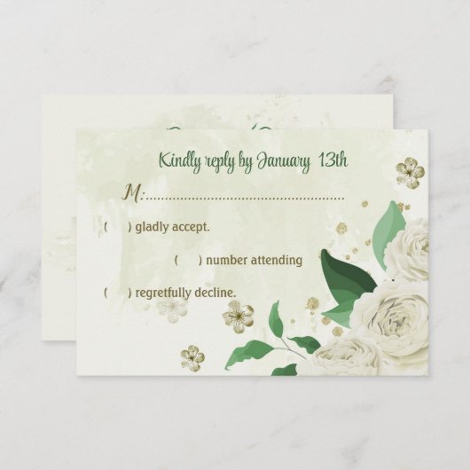 アイボリー白い花の結婚緑 出欠カード (正面/裏面)