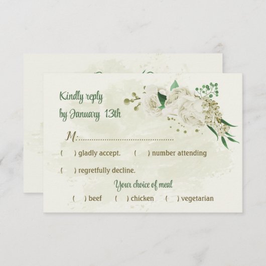 アイボリー白い花の結婚緑 出欠カード (正面/裏面)