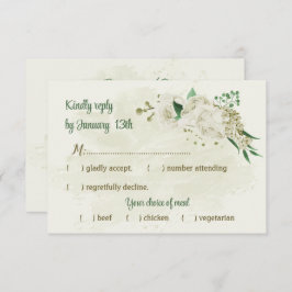 アイボリー白い花の結婚緑 出欠カード
