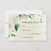 アイボリー白い花の結婚緑 出欠カード (正面)