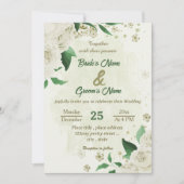 アイボリー白い花の結婚緑 招待状 (正面)