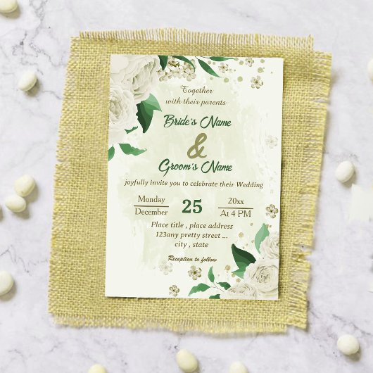 アイボリー白い花の結婚緑 招待状