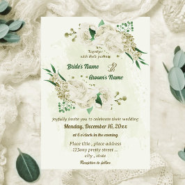 アイボリー白い花の結婚緑 招待状