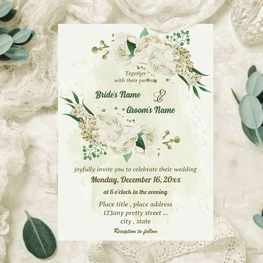 アイボリー白い花の結婚緑 招待状