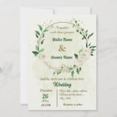 アイボリー白い花の結婚緑 招待状 (正面)