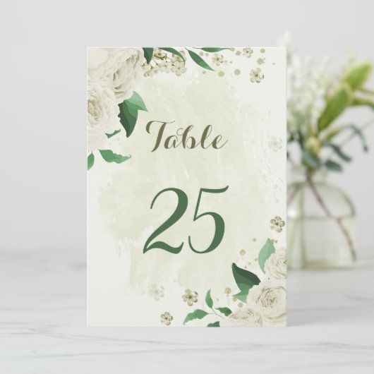 アイボリー白い花の緑のテーブルナンバーカード 招待状 (スタンド正面)