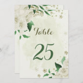 アイボリー白い花の緑のテーブルナンバーカード 招待状 (正面/裏面)