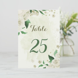 アイボリー白い花の緑のテーブルナンバーカード 招待状