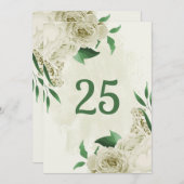 アイボリー白い花の緑のテーブルナンバーカード 招待状 (正面/裏面)