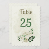 アイボリー白い花の緑のテーブルナンバーカード 招待状 (正面/裏面)