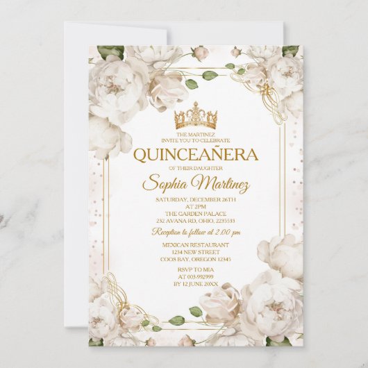 アイボリー白い花メキシカン金ゴールドシャルラミンス 招待状 (正面)