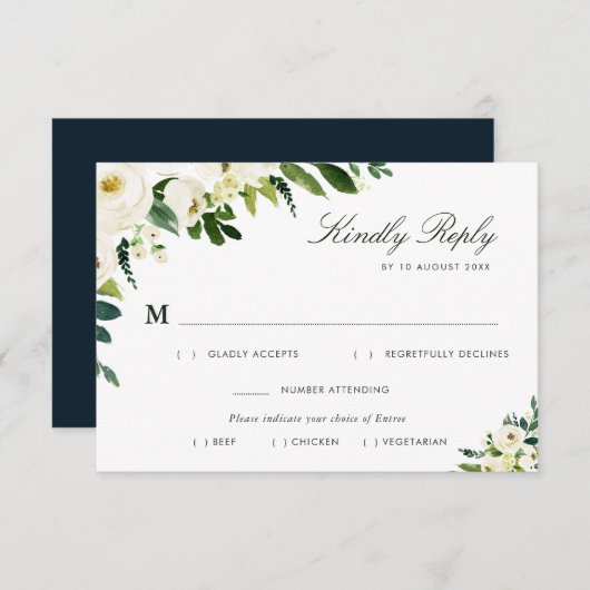 アイボリー白の花の食事選択案内カード 出欠カード (正面/裏面)