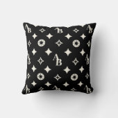 アイボリー白カスタムイニシャルモノグラムパターンブラック クッション (裏面)
