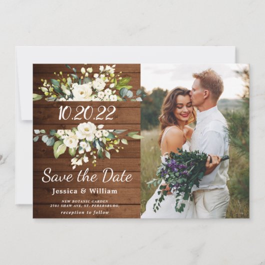 アイボリー白バラ緑の写真デイトカードを保存 セーブザデート (正面)