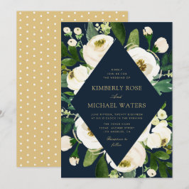 アイボリー白フローラフレームnavy 結婚's 招待状