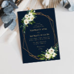 アイボリー白フローラ幾何学海軍結婚ズ 招待状<br><div class="desc">幾何学的モダンフレームを持つアイボリー白フローラデザイン。美しい緑と白の花は、ネイビーの青の背景を見事に補う。あなたの夏のための素敵な結婚デザイン。このテンプレートの文言、文字サイズ、色、フォントを変更できる。海軍の背景も変更できる。</div>