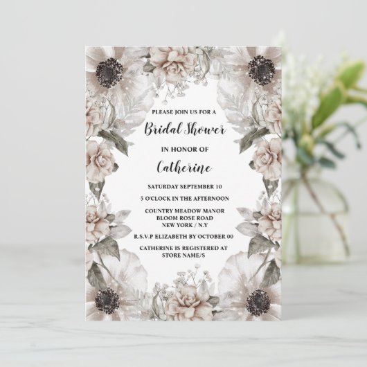 アイボリー白ポピーバラ花エレガントフローラ枠 招待状 (スタンド正面)