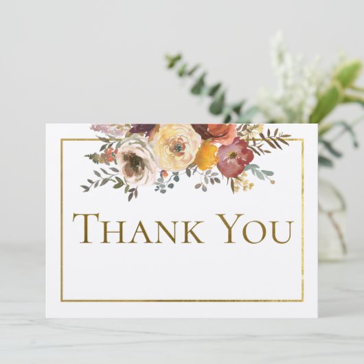 アイボリー秋フローラブーケと金ゴールド結婚ズ サンキューカード (スタンド正面)