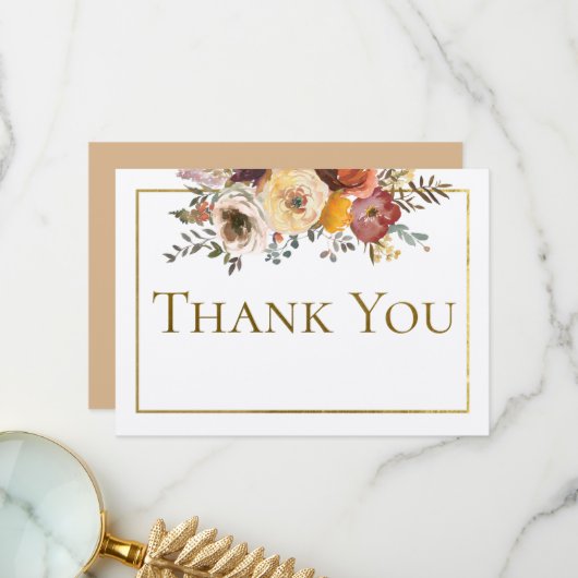 アイボリー秋フローラブーケと金ゴールド結婚ズ サンキューカード (正面/裏面インサイチュ)