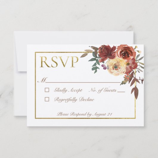 アイボリー秋フローラブーケと金ゴールド 出欠カード (正面)