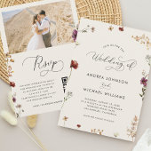 アイボリー秋ワイルドフラワーQRコード秋結婚の季節 招待状