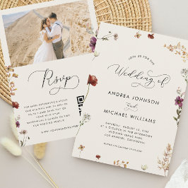 アイボリー秋ワイルドフラワーQRコード秋結婚の季節 招待状