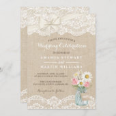 アイボリー素朴バーラップレースフローラメイスンジャー結婚ズ 招待状 (正面/裏面)
