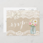アイボリー素朴バーラップレースフローラメイスンジャーRSVP インビテーションポストカード (正面/裏面)