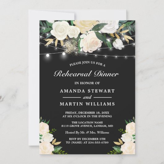 アイボリー素朴フローラストリングライトリハーサルディナー 招待状 (正面)