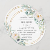 アイボリー素朴フローラユーカリ結婚ス金ゴールドサークル 招待状 (正面/裏面)