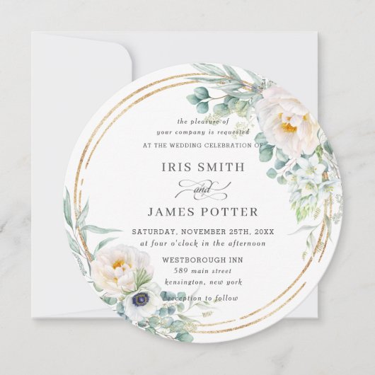 アイボリー素朴フローラユーカリ結婚ス金ゴールドサークル 招待状 (正面)