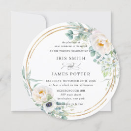 アイボリー素朴フローラユーカリ結婚ス金ゴールドサークル 招待状