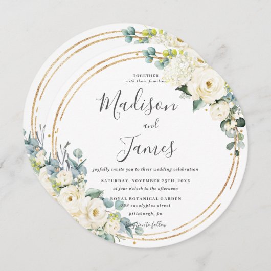 アイボリー素朴フローラユーカリ結婚ス金ゴールドサークル 招待状 (正面/裏面)
