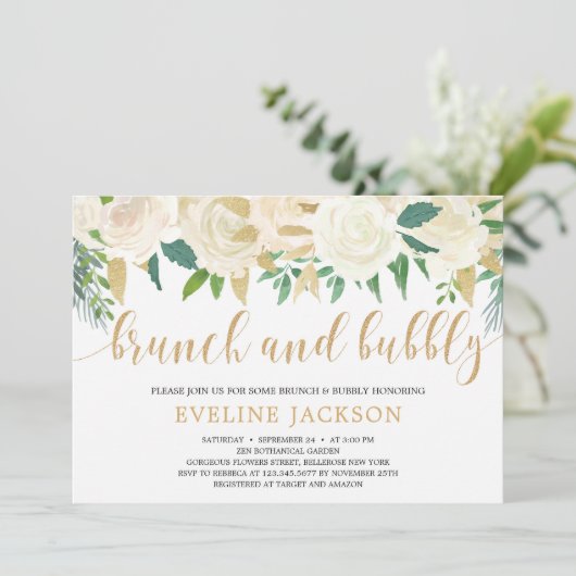 アイボリー素朴フローラ金ゴールドグリッターブランチと泡立ち 招待状 (スタンド正面)