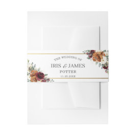 アイボリー素朴ブルゴーニュオレンジフローラ結婚金ゴールド 招待状ベリーバンド