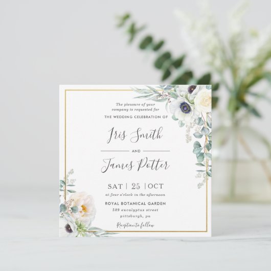 アイボリー素朴ホワイトピーニーフローラユーカリ結婚ス 招待状 (スタンド正面)