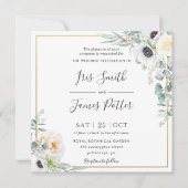 アイボリー素朴ホワイトピーニーフローラユーカリ結婚ス 招待状 (正面)