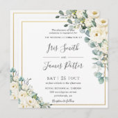 アイボリー素朴ホワイトフローラユーカリ金ゴールド結婚ズ 招待状 (正面/裏面)