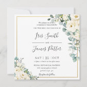 アイボリー素朴ホワイトフローラユーカリ金ゴールド結婚ズ 招待状 (正面)
